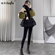 她芙（tafu）品牌女裝小個子撞色羽絨服女2025冬季新款收腰顯瘦短款白鴨絨外套 黑色 M 建議115-130斤