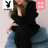 花花公子（PLAYBOY）品牌歐美跨境貂絨V領(lǐng)針織毛衣女2024秋冬新款寬松純色開衫女外套 黑色 L