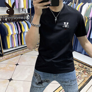 花花公子（PLAYBOY）歐洲站新款夏季男士純棉短袖潮牌百搭字母印花半袖體恤修身T恤男 黑色 S 80-90斤