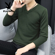 花花公子（PLAYBOY）男士毛衣v領(lǐng)秋季韓版潮流青年薄款打底衫上衣修身純色針織長(zhǎng)袖t恤 818綠色 M