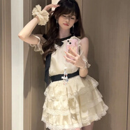A 21 FUNB波點(diǎn)連衣裙子女夏季純欲白色蓬蓬裙公主蛋糕裙收腰小個(gè)子短裙 杏色連衣裙 M