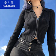 奈加圖黑色拉鏈針織開衫秋冬新款內(nèi)搭毛衣外套女緊身歐美打底長袖上衣潮 黑色