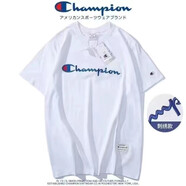 冠軍潮牌夏季純棉T恤刺繡半袖寬松t恤男女學(xué)生同款情侶圓領(lǐng)短袖上衣 白色大長(cháng)條短袖 S