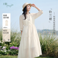 片斷連衣裙女2025夏季新款圓領(lǐng)刺繡設計收腰小個(gè)子大方得體長(cháng)裙 米白 M