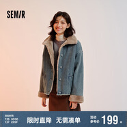 森馬（Semir）牛仔棉服女拼接毛領(lǐng)美式復(fù)古2024冬寬松毛邊夾克街頭109724108017