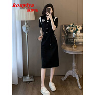 蔻伊婭（Kouyiya）品牌女裝新品學(xué)院風(fēng)polo領(lǐng)連衣裙女2025新款小個子顯瘦收腰裙子女 黑色倆件套 L