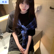 事思蝴蝶結圍巾短袖T恤女ins國潮夏季學(xué)生綁帶寬松設計感半袖上衣 黑色 M 建議60-100斤