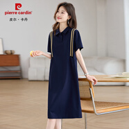 皮爾卡丹（pierre cardin）連衣裙女夏季薄款2025新款通勤胖mm大碼女裝減齡氣質(zhì)顯瘦休閑裙子 藏青色 2XL