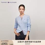 TOMMY HILFIGER【復(fù)古絞花】春秋季女裝純棉肌理感圓領(lǐng)內(nèi)搭打底衫開(kāi)衫針織衫毛衣 【撞色絞花開(kāi)襟】-  天藍(lán)色C1O S （推薦：100-110斤）
