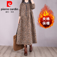 皮爾卡丹復古夾棉小碎花棉麻連衣裙大碼女裝時(shí)尚保暖長(cháng)款polo襯衫a字裙子 灰色夾棉 M 【90-110斤】