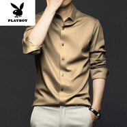 花花公子（PLAYBOY）桑蠶絲襯衫男長袖免燙商務(wù)2025真絲垂感加大碼襯衫西裝感新品 金色 M 39(建議120-135斤)