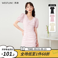 西遇V領(lǐng)泡泡袖連衣裙女2024年早夏新款法式褶皺收腰修身包臀裙子七夕 粉色 M