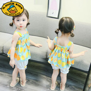 G.DUCKKIDS女寶寶夏裝套裝1-2-3-5歲女童夏季吊帶短褲兩件套嬰兒衣服卡通潮 藍色 90