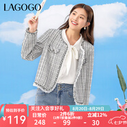 lagogo圓領(lǐng)小香風(fēng)拼接格紋短外套女拉谷谷春季新款木耳邊設計上衣 混色（Y0） L 165/40