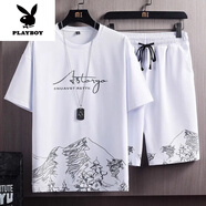 花花公子（PLAYBOY）高端男士冰絲運動(dòng)套裝夏季薄款圓領(lǐng)印花短袖T恤休閑短褲兩件套潮 0815白色【上衣+褲子】 M