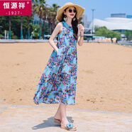 恒源祥2025夏季新款連衣裙女寬松大碼顯瘦無(wú)袖印花媽媽長(cháng)裙子海邊度假風(fēng) 1號 XL 95-110斤