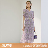 顏域（YANYEE）知性優(yōu)雅V領(lǐng)印花連衣裙女士淑女裙中長款2024年夏季新款顯瘦 紫花 L/40