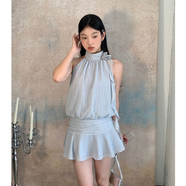 斤慕2025新款女裝甜酷少女感連衣裙收腰顯瘦設(shè)計(jì)小眾掛脖連衣裙短裙女 灰藍(lán)色（配褲+花朵胸針） S 建議100斤以下