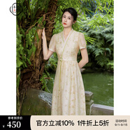 固執(zhí)（OBSTINATE）【特價(jià)】2025夏季新款新中式v領(lǐng)刺繡短袖中長(zhǎng)款連衣裙 黃色 XL