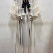 日單日系地蕾系連衣裙罩紗斗篷半袖胸針蝴結雙層蕾絲 米灰色 M 均碼