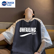NASALIKE美式純棉拼色印花短袖T恤男夏季ins潮流休閑百搭插肩上衣體恤半 淺灰拼藏青C232 L (155) 100-120斤