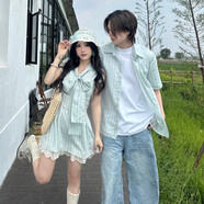2025新款情侶裝夏裝一男一女套裝條紋短袖襯衫連衣裙一衣一裙夏季 女裙 M