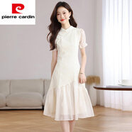 皮爾卡丹（pierre cardin）新中式小香風立領盤扣連衣裙女2025夏新款高端精致國風改良旗袍裙 杏色 S