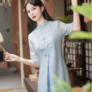 木清清中國風(fēng)禪意茶服女2025夏季新款刺繡新中式仙氣飄逸旗袍改良連衣裙 藍色凰影 M