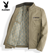 花花公子（PLAYBOY）爸爸裝春秋純棉夾克衫中年男士立領(lǐng)寬松外套秋裝男40-50歲薄上衣 【立領(lǐng)拉鏈】卡其 兩個(gè)內口袋 M 170【建議95-110斤】