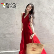啄木鳥（TUCANO）海邊度假藍色掛脖吊帶連衣裙子女夏季新款無袖收腰大裙擺沙灘長裙 【紅色掛脖版】 S 40/45kg