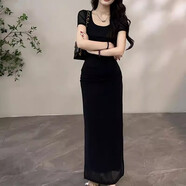 TTPMER名媛氣質(zhì)短袖方領(lǐng)收腰連衣裙女2025夏季下擺開(kāi)叉性感長(cháng)裙 黑色連衣裙 L 【建議100-120斤】