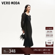 VEROMODA連衣裙2024秋季女裝新款天鵝絨拼接網(wǎng)紗魚尾長(zhǎng)裙鉆石領(lǐng)東方簡(jiǎn)奢風(fēng) 紗袖絲絨裙-黑色 L