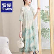 羅蒙（ROMON）媽媽夏裝連衣裙時(shí)尚洋氣2025新款氣質(zhì)短袖裙子大碼長(zhǎng)裙中老年女裝 綠色 3XL （115-130斤）