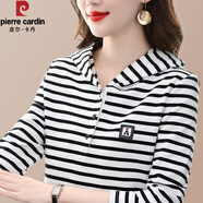 皮爾卡丹（pierre cardin）長(zhǎng)袖t恤女棉橫條紋春秋裝2024新款中年女士時(shí)尚打底衫上衣連帽衛(wèi) 黑白條紋長(zhǎng)袖W22Q47 2XL