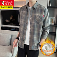啄木鳥格子襯衫男士裝春秋季款外套休閑長袖襯衣外穿衣服 2108灰色加絨 3XL