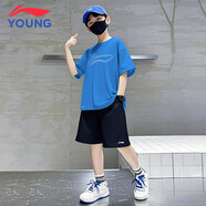 李寧兒童速干套裝夏季新款短袖短褲輕薄透氣排汗運動(dòng)套裝男大童兩件套 帆航藍棉質(zhì)速干t恤+黑色速干短褲 160 cm