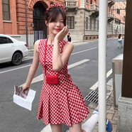 歌詩(shī)慧紅色連衣裙女夏季新款格子無(wú)袖短裙甜美公主裙度假連衣裙學(xué)生夏裝 復(fù)古紅色格紋連衣裙 L 【建議110-123斤】