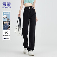 羅蒙【美式休閑】牛仔褲女冬季高腰百搭寬松闊腿顯瘦直筒褲黑色M