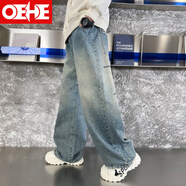 OEHE男童褲子牛仔褲直筒闊腿褲春秋款中大童男孩寬松兒童冬季加絨褲子 6813復(fù)古藍(lán) 春秋款 120 cm