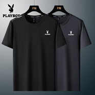 花花公子（PLAYBOY）冰絲恤男寬松圓領(lǐng)短袖夏季薄款網(wǎng)眼速干運動休閑體恤衫 兩件裝：黑色+灰色 3XL 155-170斤