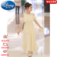 迪士尼（Disney）童裝女童連衣裙夏季2025新款中大童小女孩夏裝露肩雪紡長(zhǎng)裙公主裙 杏色 130 尺碼7~8歲【120-130cm】