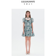 LULUALWAYS我愛(ài)露露25夏季新款復古優(yōu)雅溫婉心動(dòng)蕾絲蓬蓬擺連衣裙 藍色 M