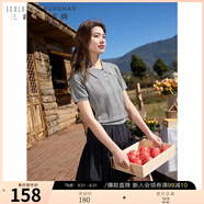 三彩大碼女裝2025春季新款Polo領(lǐng)短袖針織衫蝴蝶結(jié)絞花胖MM 大象灰 M 160/88B