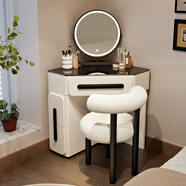 朝栩現代簡(jiǎn)約房間梳妝臺小戶(hù)型拐角收納柜一體臥室墻角三角形化妝桌 玻璃60桌+柜+鏡+月牙羊羔椅 YB-09轉角梳妝臺+二抽柜+圓鏡