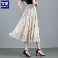 羅蒙半身裙女夏百褶裙2025新款印花雪紡A字中長(cháng)款高腰韓版修身大擺裙 J1俏海棠 XL 腰圍：2.4-2.6尺
