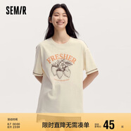 森馬短袖T恤女中長款明線上衣夏寬松印花套頭衫小眾107424100018