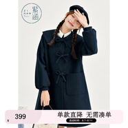 紫涵小A型方領(lǐng)毛呢大衣女冬季學(xué)院風(fēng)門襟手打蝴蝶結(jié)外套 黑藏青 M