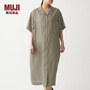 無印良品 MUJI 女式 法國亞麻水洗 五分袖開襟連衣裙 BCL08C0S 深咖啡色 M-L