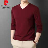 皮爾卡丹（pierre cardin）春秋裝純棉雞心V領(lǐng)長袖t恤男薄款休閑體恤潮流內(nèi)搭打底衫上衣 5501酒紅 M 165