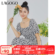 LAGOGO小眾設(shè)計感連衣裙女拉谷谷夏季新款方領(lǐng)高腰甜美碎花短袖裙 混色（Y0） XL 170/42